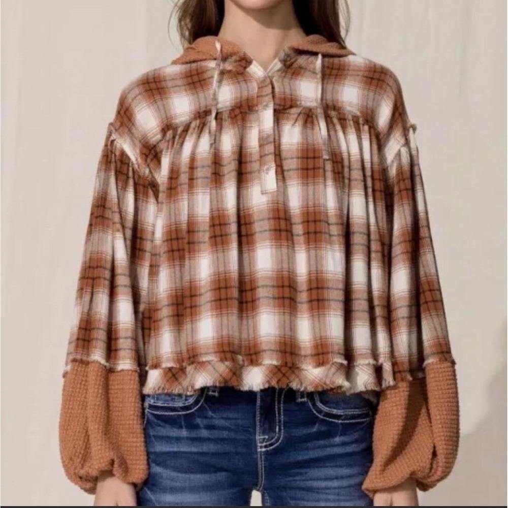 Miss Me Hoodie Womens Plaid Waffle Knit Oversized Balloon Sleeve Western Cowgirl